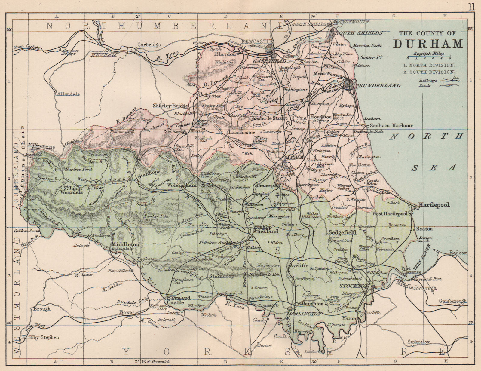 COUNTY DURHAM. Antique map. Railways roads. Constituencies. PHILIP 1882